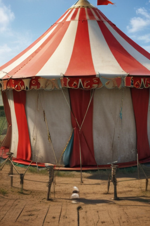 Colorful Circus Tent Surrounded by a Dusty Ground Under a Clear Sky