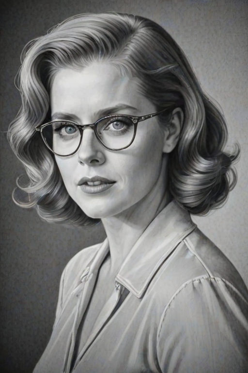 Fetching Amy Adams, pencil sketch, portrait of Dazzling woman 1936s in glasses, hair style beatnik, outline, clear lines, fine lines, 8k
