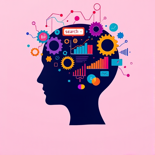 Create an illustration of a human head silhouette filled with various symbols of technology and data analytics, incorporating gears, charts, and a search bar in a vibrant color palette, captured using a Canon EOS R with a 35mm f/1.8 lens, at ISO 100, 1/125s, in a bright, well-lit studio environment for optimal clarity and detail.