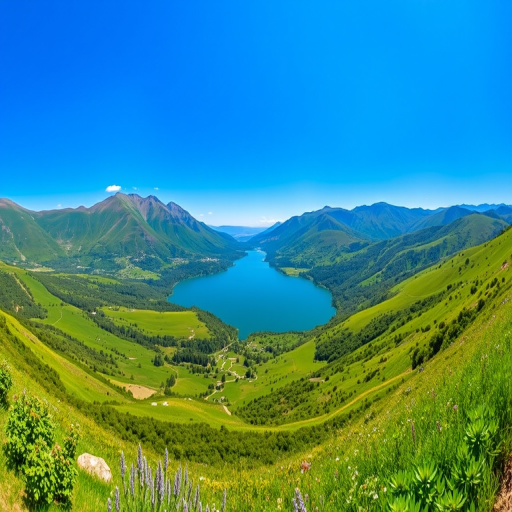 Capture a panoramic view of a lush green valley with a serene lake nestled between mountains under a clear blue sky, using a DSLR camera with a 24mm lens, aperture f/8, ISO 100, and a shutter speed of 1/200 sec to enhance image quality.