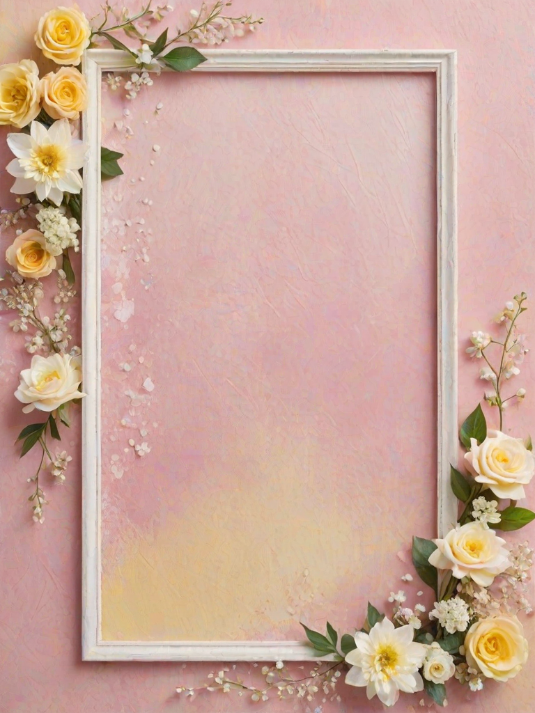 Create a soft pastel pink background with a textured appearance, transitioning from pink at the top to a light yellow at the bottom, framed with subtle white floral elements along the edges.