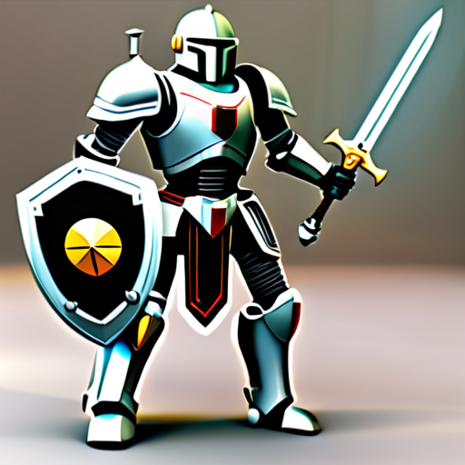 robot with spartan sword helmet and shield