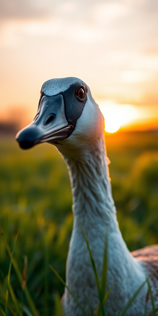 Capture a close-up of a goose in a grassy field at sunrise, using a DSLR camera with a 50mm lens, aperture set to f/2.8, ISO 200, and shutter speed at 1/250s for enhanced depth of field and clarity.