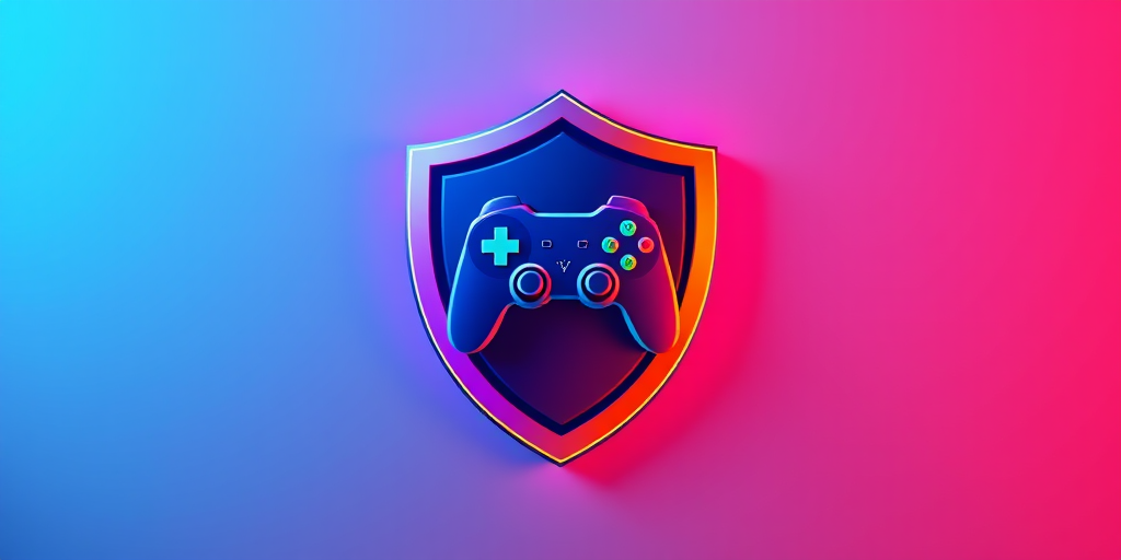 design a modern and vibrant gaming logo featuring a shield and a game controller in the center, flat design style, vibrant colors, 4k resolution, taken with a DSLR camera at f/1.8, ISO 100, 50mm lens, top-down view, studio lighting