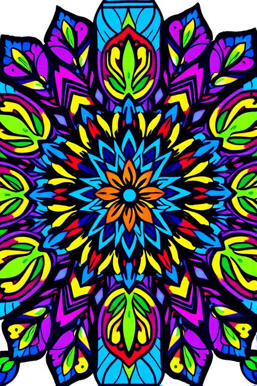 Create a vibrant mandala design featuring intricate floral patterns and abstract shapes with a wide range of colors including purple, blue, yellow, green, and red, captured with a Canon EOS R5 camera, 50mm lens, f/1.8 aperture, ISO 100, in bright daylight, with a macro perspective for enhanced detail and sharpness.