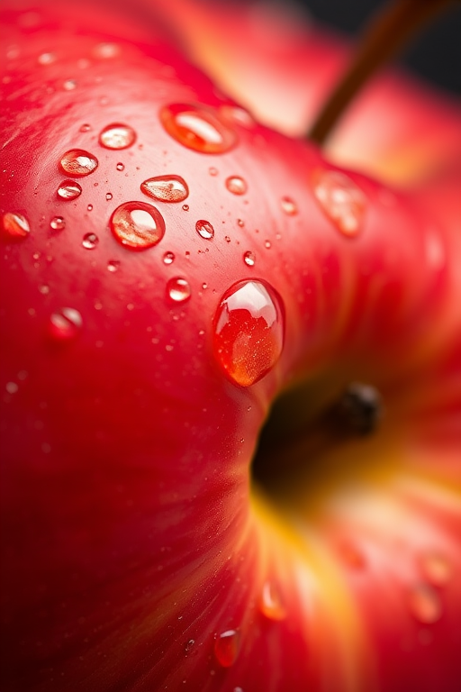 close-up of a fresh red apple with water droplets on its surface, shallow depth of field, 100mm f/2.8 macro lens, ISO 100, shutter speed 1/200 sec, natural light, soft focus background, DSLR camera