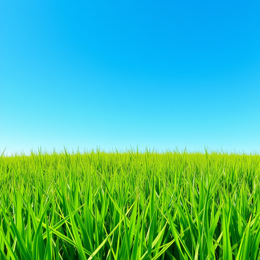 Create a vibrant illustration of a lush green grass field under a clear blue sky, captured with a DSLR camera at f/8, 1/250 sec, ISO 100, using a wide-angle lens to showcase depth and clarity.