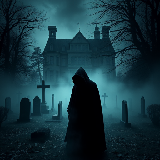 Create a haunting scene featuring a cloaked figure in a dark, foggy graveyard, with an eerie mansion in the background, shot with a full-frame camera at ISO 200, aperture f/2.8, shutter speed 1/60s, using a wide-angle lens to enhance depth, under low-light conditions for dramatic effect and high contrast.