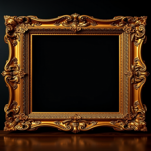 Generate a high-resolution image of an ornate golden picture frame on a dark background, using a Canon EOS R5 camera, f/2.8 aperture, 50mm lens, soft lighting, and a slightly angled view to enhance depth.