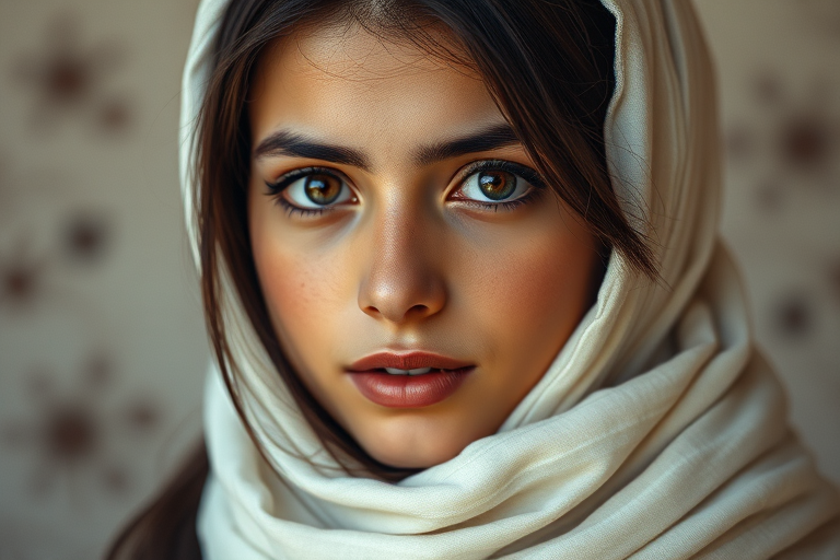 Create a portrait of a young Chaldean female with long, dark hair and captivating hazel eyes. She is wearing a white headscarf and a matching scarf draped gracefully around her neck. The background is softly blurred, focusing attention on her serene and natural expression. The overall color palette is muted and warm, enhancing the intimate and authentic feel of the portrait.