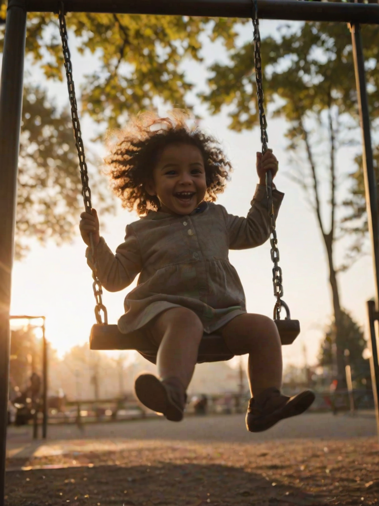 Blurry action shot of a child swinging high on a playground swing, their silhouette caught in mid-air, distant parents watching with smiles, and the sound of squeaking metal and laughter filling the air.