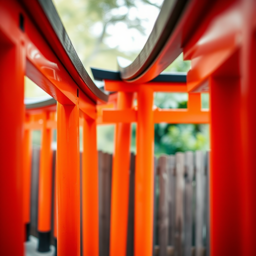 Photograph a close-up of vibrant orange torii gates with black tops, set against a wooden fence, using a DSLR camera with a 50mm lens, aperture f/1.8, ISO 100, and a shallow depth of field to create a soft background blur, capturing the rich colors and textures in natural light.