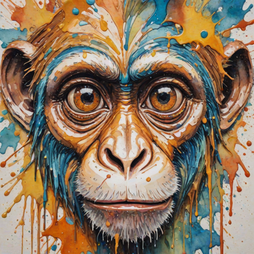 abstract watercolor painting with bold and deep brushstrokes. Thick impasto paint used. Dripping effect. Image breaking up into rectanguls shapes. Paint cracking. just a  smal;l pair of monkey's eyes starting to appear in the middle. The eyes are crying.  Coloured paint splattered around the edges. Geometric lines in background. swirly effect. peeling paint effect. raised rectangles. Dinghy Cream Look edge added in Topaz.