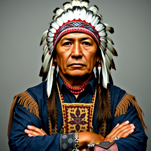 Create a dignified portrait of a Native American man dressed in traditional attire. He wears a beautifully crafted headdress adorned with white feathers and red beads, along with a beaded headband featuring intricate patterns. His clothing includes a deep blue, patterned shirt and a traditional chest piece with detailed beadwork. His arms are crossed, displaying leather armbands decorated with feathers. The background is simple and neutral, emphasizing his proud and stoic expression. The overall image captures the rich cultural heritage and strength of his persona.