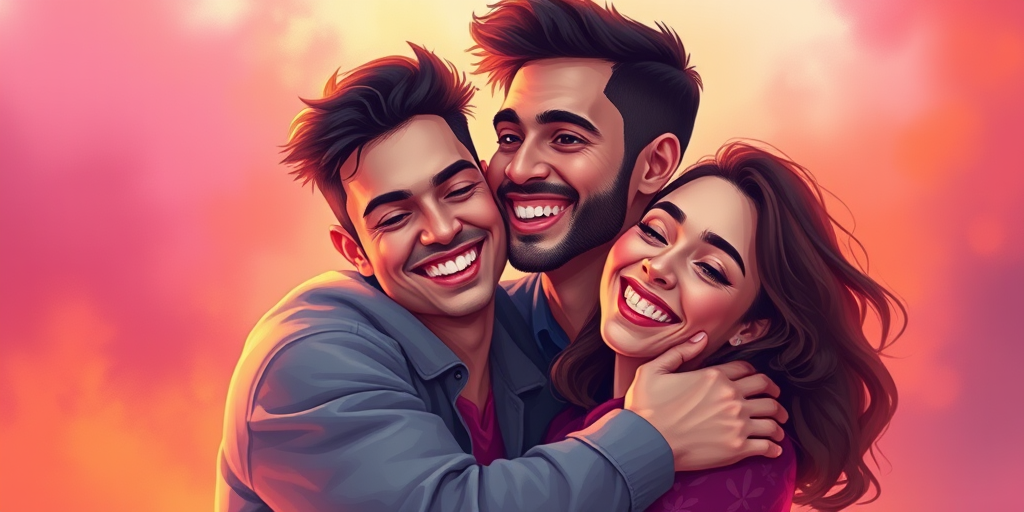 Create a vibrant, colorful illustration of a joyful couple embracing, with smooth gradients and expressive facial features, captured in a digital painting style at a high resolution, with a focus on warm tones and dynamic poses, resembling a candid moment, using a virtual DSLR camera with a 50mm lens at f/1.8 aperture for a shallow depth of field and soft background blur.
