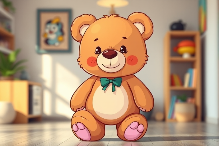Create a colorful illustration of a cute cartoon teddy bear standing upright, enhancing details with a soft focus lens, aperture f/2.8, ISO 100, shot in a well-lit indoor setting using a digital SLR camera.