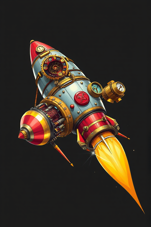 Create a detailed illustration of a steampunk rocket ship with intricate mechanical details, vibrant colors, and a glossy finish, captured in a high-resolution digital format using a DSLR camera with a 50mm lens, f/1.8 aperture, ISO 100, at an angle that emphasizes the ship's shape and design against a dark gray background.