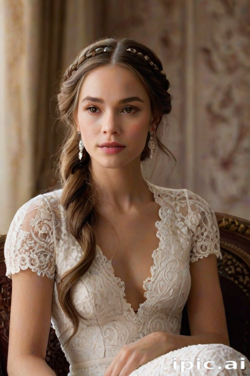 Create a portrait of a refined and elegant woman seated in a sophisticated setting. She has long, wavy hair styled in two thick braids that are pulled over her shoulders. She wears a white, lace gown with intricate patterns, featuring a deep V-neckline and short sleeves. The dress exudes a vintage charm with its delicate lacework. She is adorned with ornate, dangling earrings that add a touch of glamour to her appearance. The background is softly lit, with warm, ambient lighting that creates a cozy and inviting atmosphere. Her expression is poised and serene, capturing a sense of grace and elegance.