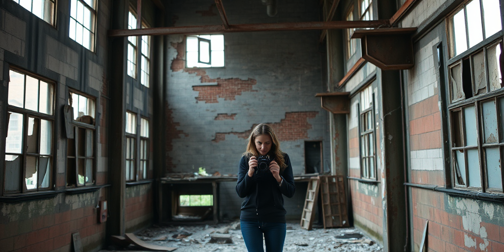 Abandoned factory building, with broken windows and rusted metal beams, a woman explores cautiously, her camera at the ready as she navigates the crumbling interior.