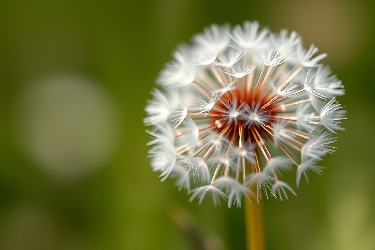 macro shot of a dandelion seed head with soft bokeh background, aperture f/2.8, shutter speed 1/125s, ISO 100, 85mm lens, natural light, shallow depth of field