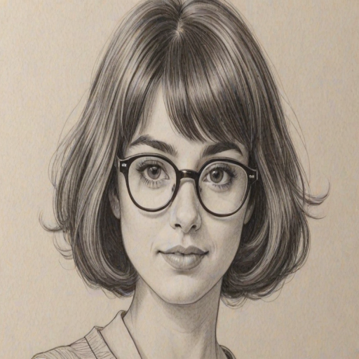 Graceful Kate Micucci, pencil sketch, portrait of Enticing woman 1971s in glasses, hair style beatnik, outline, clear lines, fine lines, 8k