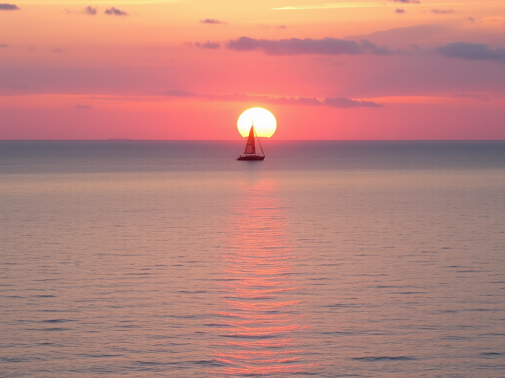 Capture a serene sunset at the ocean with a single sailboat gently floating on calm waters, using a DSLR camera, aperture f/8, shutter speed 1/125s, ISO 100, with a wide-angle view for expansive scenery and soft pastel colors.