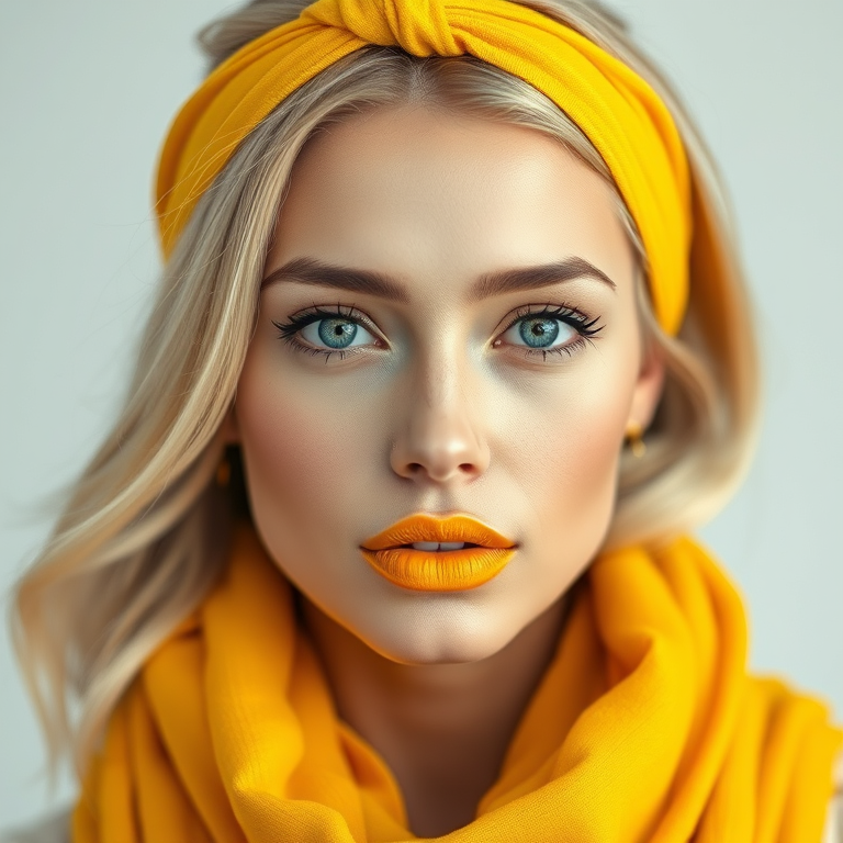 Create a high-resolution portrait of a woman with blonde hair and striking yellow lips, wearing a vibrant yellow scarf and a matching headband, with a soft focus background, captured using a DSLR camera at f/2.8 aperture, ISO 100, 50mm lens, with a clean and modern style.