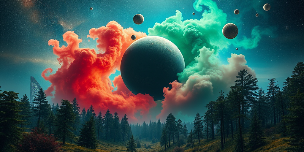 Create a surreal landscape depicting a large, dark planet at the center surrounded by colorful gases of red and green, with asteroids floating around, in a backdrop of a city skyline and an enchanted forest, shot with a DSLR camera at 50mm, f/1.8 aperture, ISO 100, and a wide-angle lens to enhance depth and detail.