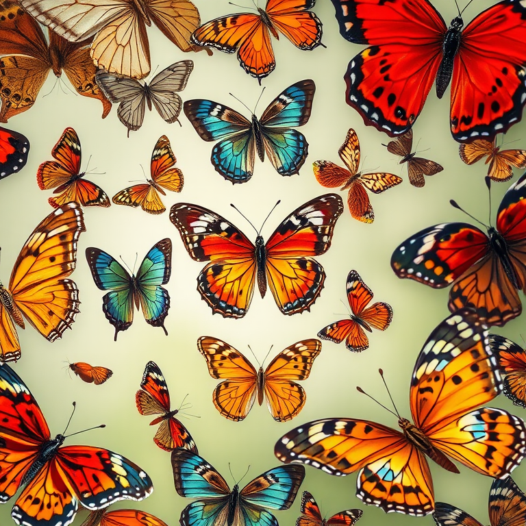 Create a high-resolution image featuring a diverse collection of butterflies arranged artistically, using a macro lens at f/2.8 aperture, ISO 100, shutter speed 1/200s, with a soft-focus background in natural light for vibrant colors and detail.