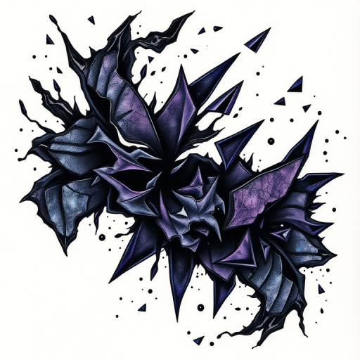 Dramatic "Volcanic Glass" tattoo design showcasing swirling patterns and sharp, fragmented shapes reminiscent of obsidian, rendered in deep black ink with hints of iridescent purples and blues that shift and shimmer in the light, creating a mesmerizing effect that captures the raw beauty and power of natural volcanic formations