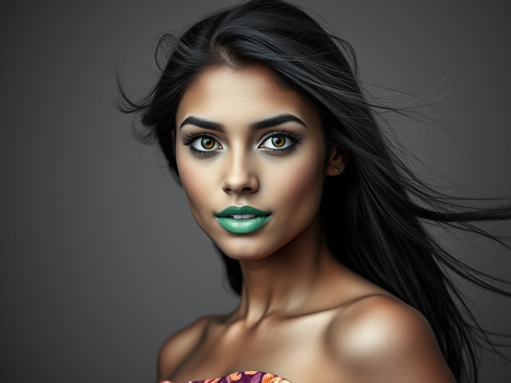 Photographic image of a beautiful young Samoan woman, cyan eyes, lips with green lipstick, long hair fluttering in the wind and wearing a silk strapless dress with a soft purple and orange print. monochrome image with only color highlights in the iris of the eyes, lipstick and dress. Gray background.