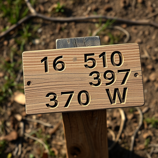 Create a wooden signpost with engraved text that reads "16 510 397 370 W" in a rustic style, captured with a Canon EOS 5D Mark IV at f/2.8, ISO 100, 50mm lens, natural light, top-down view for clarity and detail.