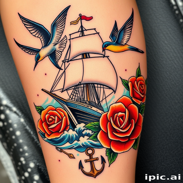 Neo-traditional tattoo named "Sailor's Lament" featuring a bold and colorful rendition of a nautical scene with a ship battling stormy seas, accented by vibrant swallow birds and classic roses, utilizing thick black outlines and a rich color palette of deep blues, bright reds, and warm yellows, incorporating traditional maritime symbols such as anchors and compasses to enhance the storytelling aspect of the design, ideal for those drawn to timeless tattoo styles with a modern twist