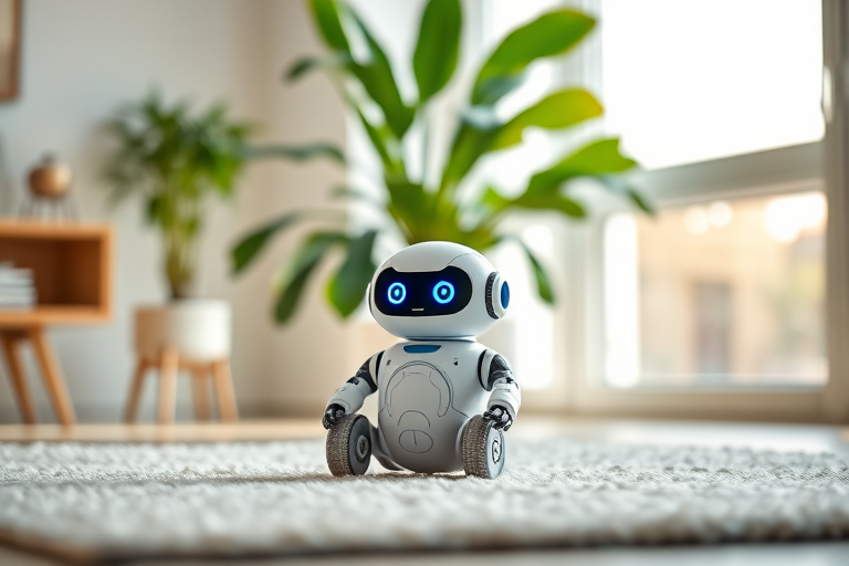 A small, friendly white robot with blue lights sits on a soft rug in a modern room with a large plant and bright windows, captured with a Canon EOS R5, 50mm lens, f/1.8 aperture, ISO 100, natural light, soft focus background.