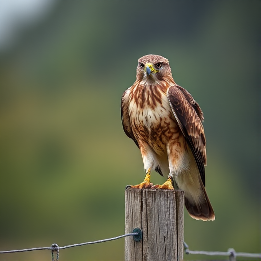 capture a close-up of a hawk perched on a fence post with a blurred background, using a DSLR camera with a 300mm lens, aperture f/4, shutter speed 1/500s, ISO 200, natural light, shallow depth of field to highlight the hawk and create a soft bokeh effect in the background