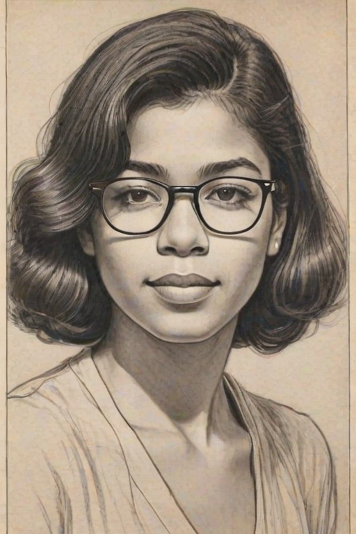 Attractive Irene Cara, pencil sketch, portrait of Graceful woman 1924s in glasses, hair style beatnik, outline, clear lines, fine lines, 8k