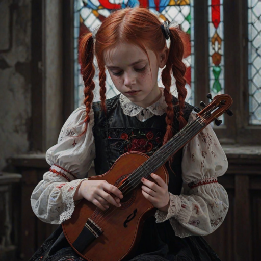 Close up realistic photo of a sad gothic little girl playing (instrument), red hair messy pigtails, black lace white dress with red detailed embroidery, abandoned gothic room with stained glass, closed eyes, horror cinematic lighting, dark fantasy, 4k, hdr,  uhd, detailed dress
