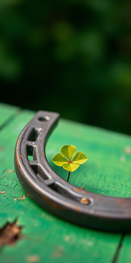 A close-up shot of an old horseshoe resting on a vibrant green wooden surface, with a small four-leaf clover placed inside the horseshoe, taken with a DSLR camera at f/2.8 aperture, ISO 100, 50mm lens, natural light, sharp focus on the horseshoe, soft bokeh effect in the background.