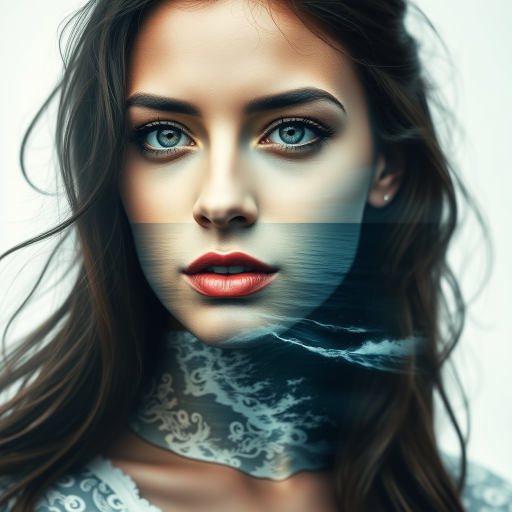 generate Book cover, A surreal double exposure portrait that blends a woman's face with a beautiful seascape. The overall mood is dreamy and mystical, with rich colors and intricate details