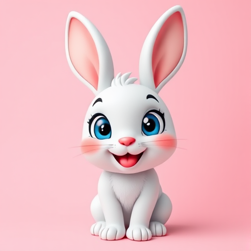 Generate a cute cartoon bunny character with large blue eyes and a joyful expression, set against a soft pink background, shot with a Canon EOS R5, 50mm lens, f/1.8 aperture, ISO 100, in a vibrant color style and centered composition.