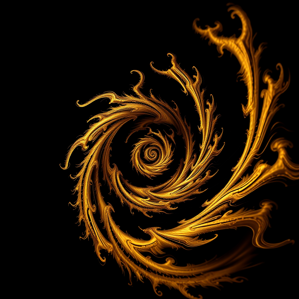 Create a high-resolution abstract fractal image of a swirling golden vortex on a dark background, using a DSLR camera at f/8 aperture, 1/60 shutter speed, ISO 100, with a macro lens to capture intricate details, in a top-down view for depth enhancement.