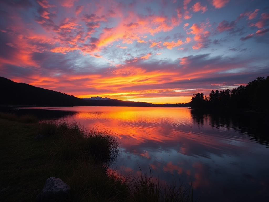 Create a high-resolution image of a scenic sunset over a calm lake with vibrant colors, using a DSLR camera, 24mm lens, f/8 aperture, ISO 100, 1/200 seconds exposure, with a wide-angle view and soft focus.