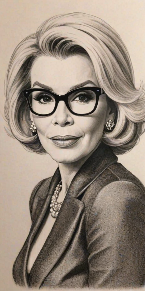 Splendid Joan Rivers, pencil sketch, portrait of Alluring woman 1951s in glasses, hair style beatnik, outline, clear lines, fine lines, 8k