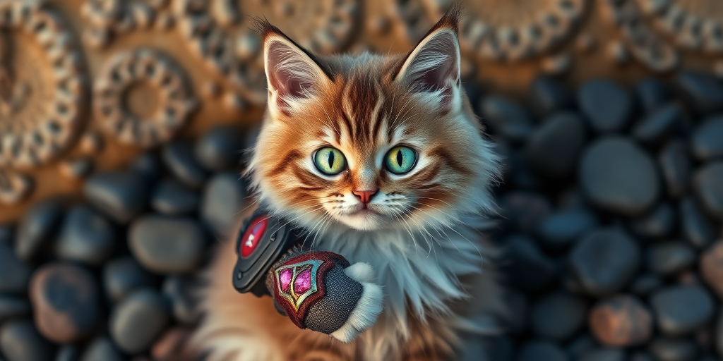 Create a highly detailed digital illustration of a fluffy cat with glowing eyes wearing a colorful gauntlet, set against a textured background of soft, dark pebbles, captured in a close-up view, using a Canon EOS R5, 50mm lens, aperture f/1.8, shutter speed 1/200s, ISO 100.
