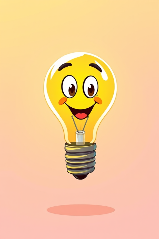 create a vibrant cartoon-style illustration of a light bulb with a happy expression, spiral base, and bright yellow color, using a Canon EOS R5 at f/2.8, ISO 100, 50mm lens, natural lighting, and a slight vignette effect for enhancement