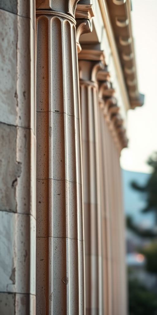 Create an image of a classic Greek column with intricate details, shot with a Canon EOS R5, 50mm lens, f/1.8 aperture, ISO 100, in soft natural lighting and a shallow depth of field for enhanced background blur.