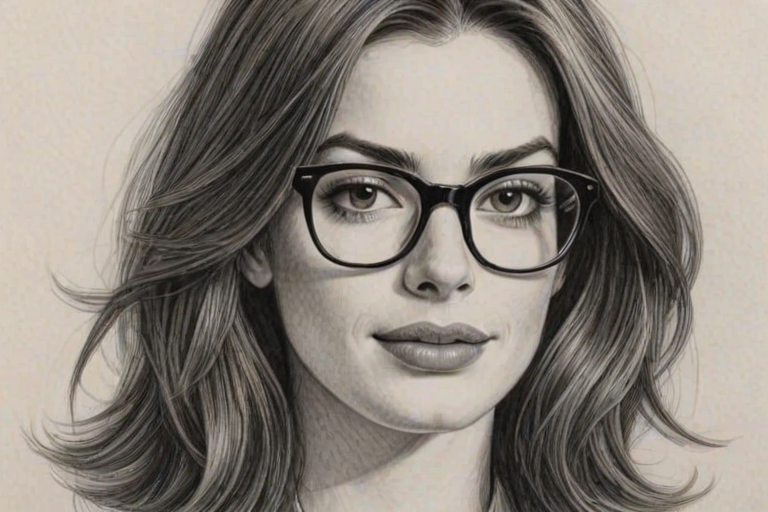Bewitching Anne Hathaway, pencil sketch, portrait of Captivating woman 1968s in glasses, hair style beatnik, outline, clear lines, fine lines, 8k