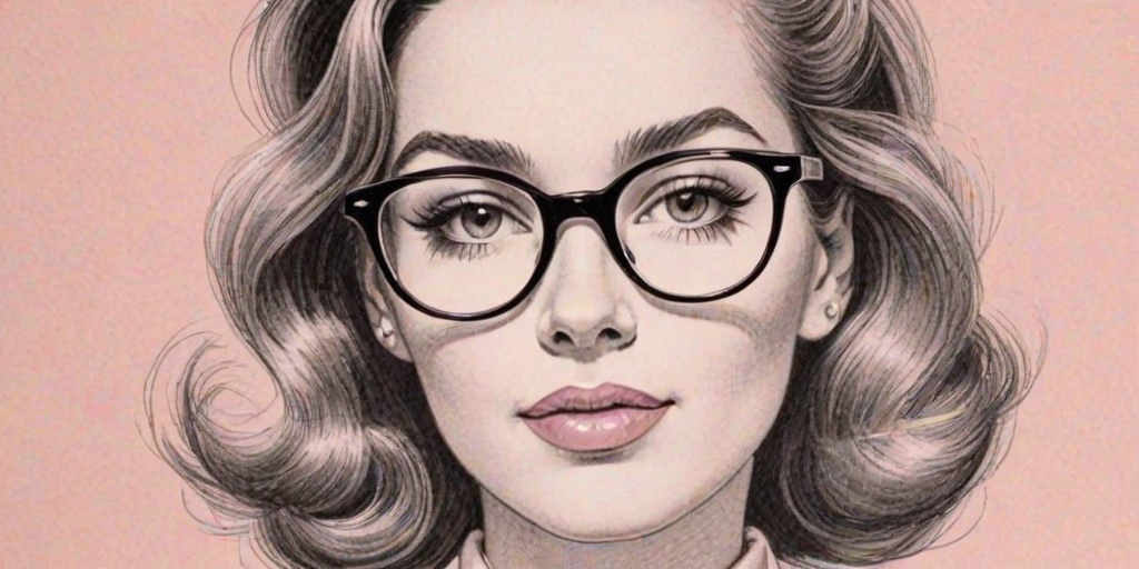 Appealing Pink, pencil sketch, portrait of Alluring woman 1957s in glasses, hair style beatnik, outline, clear lines, fine lines, 8k