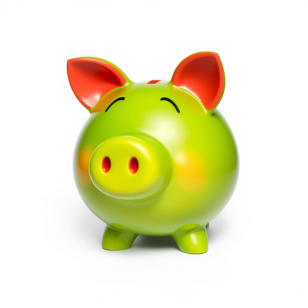 a cute cartoon piggy bank with exaggerated features, vibrant green color with red ears, smooth surface with soft shadows, 50mm lens, f/2.8 aperture, 1/125 second shutter speed, shot from a slightly elevated angle on a white background, softbox lighting for even illumination