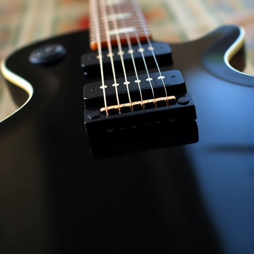 Close-up of a black electric guitar with a focus on the body and bridge, captured with a Canon EOS 5D Mark IV at f/2.8, ISO 100, shutter speed 1/200s, in natural light, shallow depth of field for a blurred background.